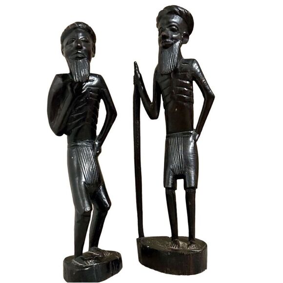 Vintage Pair of Hand Carved Tanganyika East African Tribesmen Statues Ebony 10”H - Picture 2 of 12